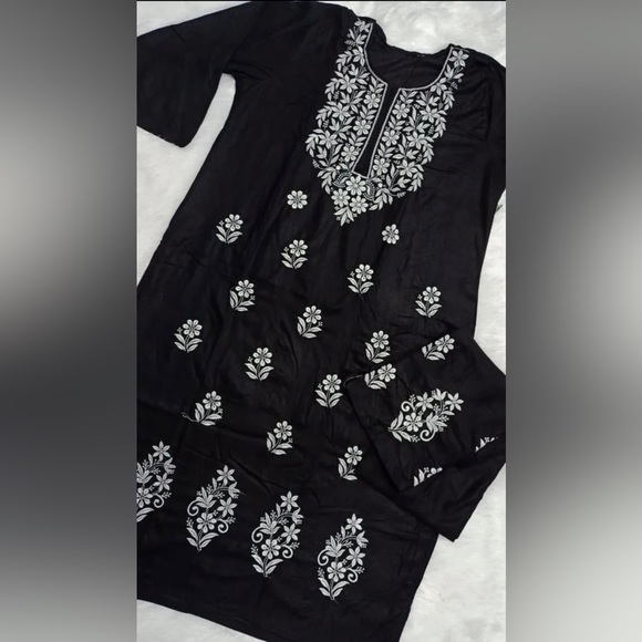 Chikankari Design, Black Color Kurti With Pant in Georgette With Embroidery - Picture 1 of 2
